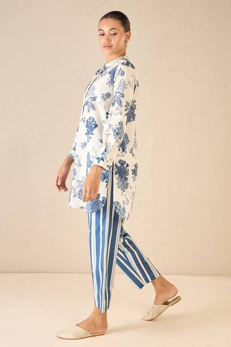 Buy Shivani Bhargava Blue Cotton Printed Floral Chinese Collar Fantasy Tunic Online at Aza Fashions Buy_Shivani Bhargava_Blue Cotton Printed Floral Chinese Collar Fantasy Tunic _Online_at_Aza_Fashions