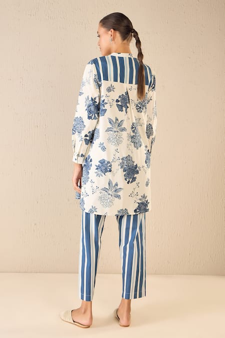 Shop Shivani Bhargava Blue Cotton Printed Floral Chinese Collar Fantasy Tunic at Aza Fashions Shop_Shivani Bhargava_Blue Cotton Printed Floral Chinese Collar Fantasy Tunic _at_Aza_Fashions