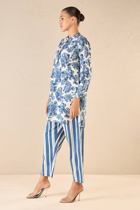 Shivani Bhargava Blue Cotton Printed Floral Chinese Collar Blossom Tunic And Striped Pant Set at Aza Fashions Shivani Bhargava_Blue Cotton Printed Floral Chinese Collar Blossom Tunic And Striped Pant Set _at_Aza_Fashions
