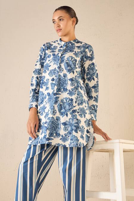 Shop Shivani Bhargava Blue Cotton Printed Floral Chinese Collar Blossom Tunic And Striped Pant Set Shop_Shivani Bhargava_Blue Cotton Printed Floral Chinese Collar Blossom Tunic And Striped Pant Set