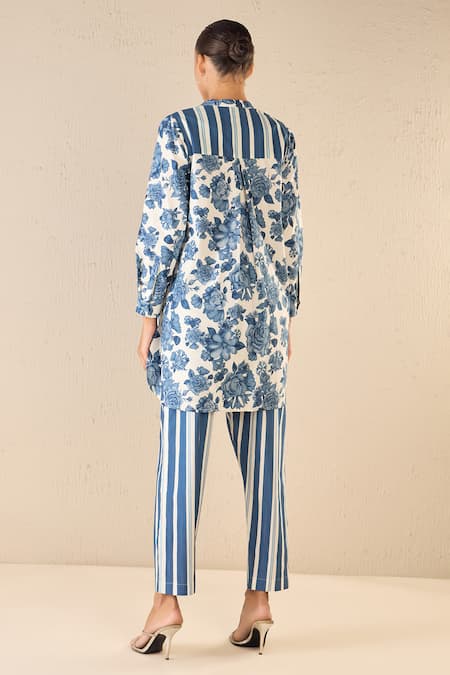 Shop Shivani Bhargava Blue Cotton Printed Floral Chinese Collar Blossom Tunic And Striped Pant Set at Aza Fashions Shop_Shivani Bhargava_Blue Cotton Printed Floral Chinese Collar Blossom Tunic And Striped Pant Set _at_Aza_Fashions
