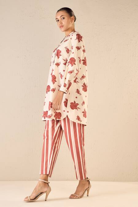 Buy Shivani Bhargava Red Cotton Printed Floral Chinese Collar Blossom Tunic And Pant Set Online at Aza Fashions Buy_Shivani Bhargava_Red Cotton Printed Floral Chinese Collar Blossom Tunic And Pant Set _Online_at_Aza_Fashions