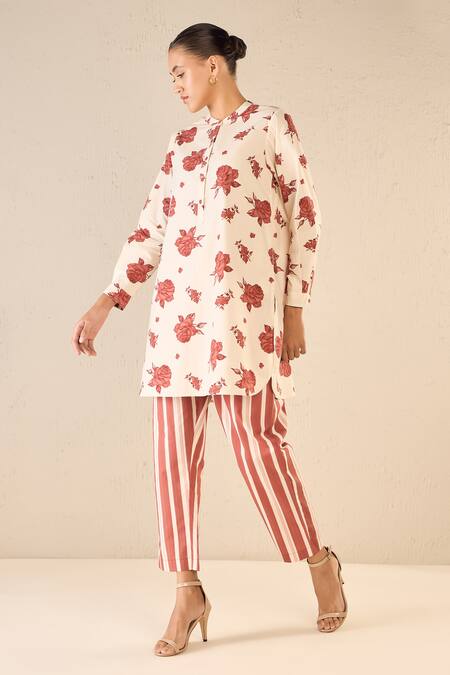 Shop Shivani Bhargava Red Cotton Printed Floral Chinese Collar Blossom Tunic And Pant Set Online at Aza Fashions Shop_Shivani Bhargava_Red Cotton Printed Floral Chinese Collar Blossom Tunic And Pant Set _Online_at_Aza_Fashions
