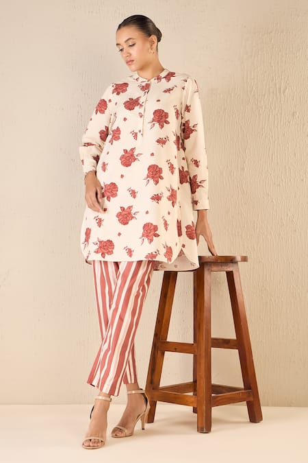 Shivani Bhargava Red Cotton Printed Floral Chinese Collar Blossom Tunic And Pant Set 