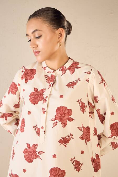 Shivani Bhargava Red Cotton Printed Floral Chinese Collar Blossom Tunic at Aza Fashions Shivani Bhargava_Red Cotton Printed Floral Chinese Collar Blossom Tunic _at_Aza_Fashions