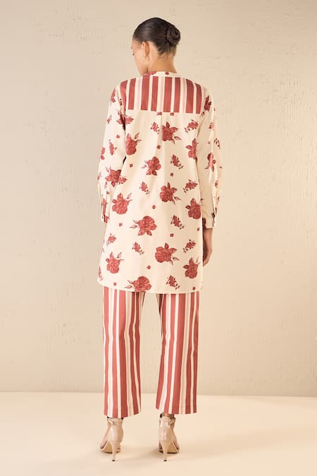 Shop Shivani Bhargava Red Cotton Printed Floral Chinese Collar Blossom Tunic at Aza Fashions Shop_Shivani Bhargava_Red Cotton Printed Floral Chinese Collar Blossom Tunic _at_Aza_Fashions