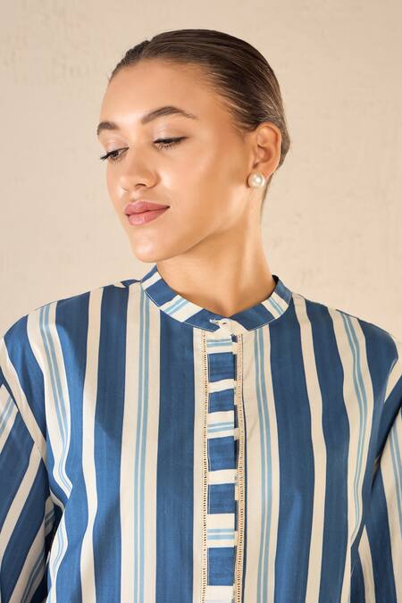 Shop Shivani Bhargava Blue Cotton Printed Stripe Chinese Collar Meadow Shirt And Pant Set Online at Aza Fashions Shop_Shivani Bhargava_Blue Cotton Printed Stripe Chinese Collar Meadow Shirt And Pant Set _Online_at_Aza_Fashions