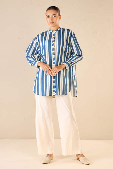 Shivani Bhargava Blue Cotton Printed Stripe Chinese Collar Meadow Shirt And Pant Set 