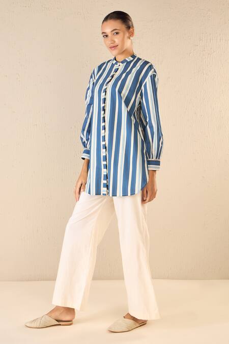Shivani Bhargava Blue Cotton Printed Stripe Chinese Collar Meadow Button Down Shirt Online at Aza Fashions Shivani Bhargava_Blue Cotton Printed Stripe Chinese Collar Meadow Button Down Shirt _Online_at_Aza_Fashions