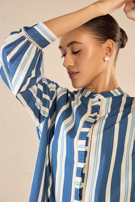 Shop Shivani Bhargava Blue Cotton Printed Stripe Chinese Collar Meadow Button Down Shirt Online at Aza Fashions Shop_Shivani Bhargava_Blue Cotton Printed Stripe Chinese Collar Meadow Button Down Shirt _Online_at_Aza_Fashions