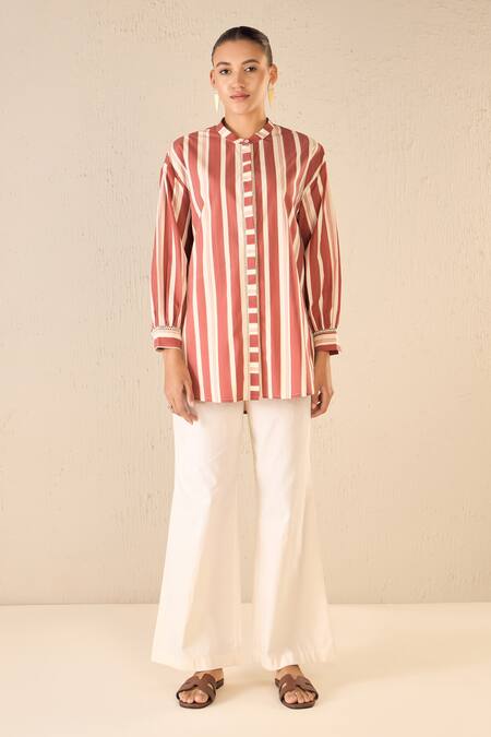 Shivani Bhargava Red Cotton Printed Stripe Chinese Collar Meadow Tunic And Pant Set Online at Aza Fashions Shivani Bhargava_Red Cotton Printed Stripe Chinese Collar Meadow Tunic And Pant Set _Online_at_Aza_Fashions