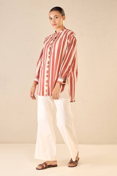 Shop Shivani Bhargava Red Cotton Printed Stripe Chinese Collar Meadow Tunic And Pant Set Online at Aza Fashions Shop_Shivani Bhargava_Red Cotton Printed Stripe Chinese Collar Meadow Tunic And Pant Set _Online_at_Aza_Fashions