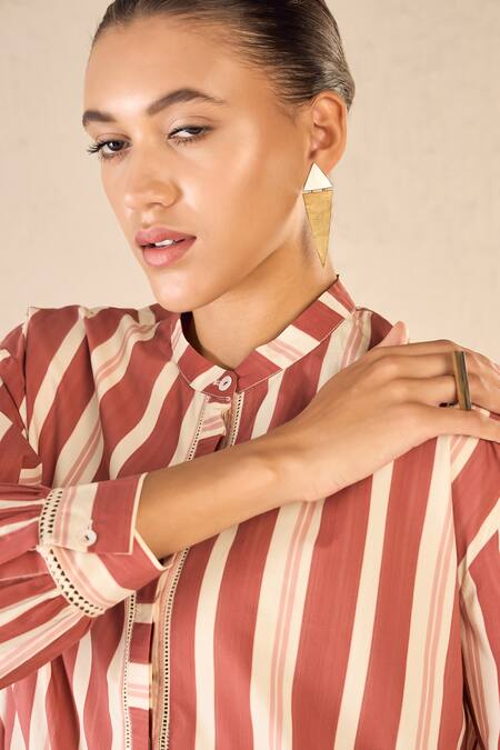 Buy Shivani Bhargava Red Cotton Printed Stripe Chinese Collar Meadow Tunic And Pant Set Buy_Shivani Bhargava_Red Cotton Printed Stripe Chinese Collar Meadow Tunic And Pant Set