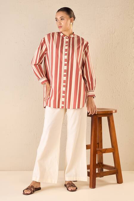 Shop Shivani Bhargava Red Cotton Printed Stripe Chinese Collar Meadow Tunic And Pant Set Shop_Shivani Bhargava_Red Cotton Printed Stripe Chinese Collar Meadow Tunic And Pant Set