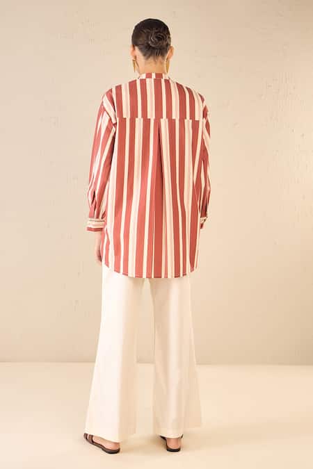 Shop Shivani Bhargava Red Cotton Printed Stripe Chinese Collar Meadow Tunic And Pant Set at Aza Fashions Shop_Shivani Bhargava_Red Cotton Printed Stripe Chinese Collar Meadow Tunic And Pant Set _at_Aza_Fashions