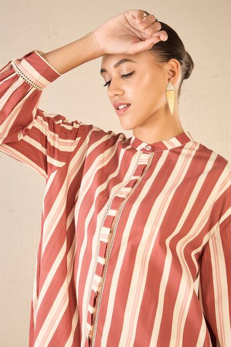 Shop Shivani Bhargava Red Cotton Printed Stripe Chinese Collar Meadow Shirt Online at Aza Fashions Shop_Shivani Bhargava_Red Cotton Printed Stripe Chinese Collar Meadow Shirt _Online_at_Aza_Fashions