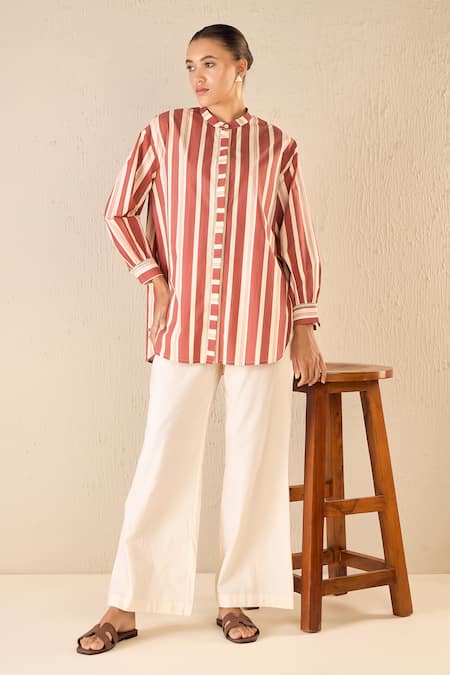 Shivani Bhargava Red Cotton Printed Stripe Chinese Collar Meadow Shirt 