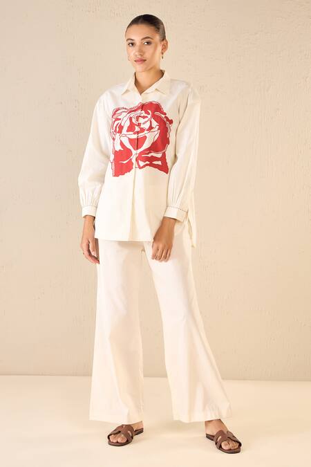 Shivani Bhargava Ivory Cotton Printed Rose Collared Dream Shirt And Pant Set Online at Aza Fashions Shivani Bhargava_Ivory Cotton Printed Rose Collared Dream Shirt And Pant Set _Online_at_Aza_Fashions