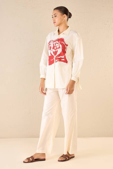 Shop Shivani Bhargava Ivory Cotton Printed Rose Collared Dream Shirt And Pant Set Online at Aza Fashions Shop_Shivani Bhargava_Ivory Cotton Printed Rose Collared Dream Shirt And Pant Set _Online_at_Aza_Fashions