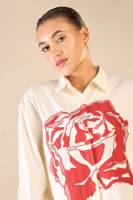 Shivani Bhargava Ivory Cotton Printed Rose Collared Dream Shirt And Pant Set at Aza Fashions Shivani Bhargava_Ivory Cotton Printed Rose Collared Dream Shirt And Pant Set _at_Aza_Fashions