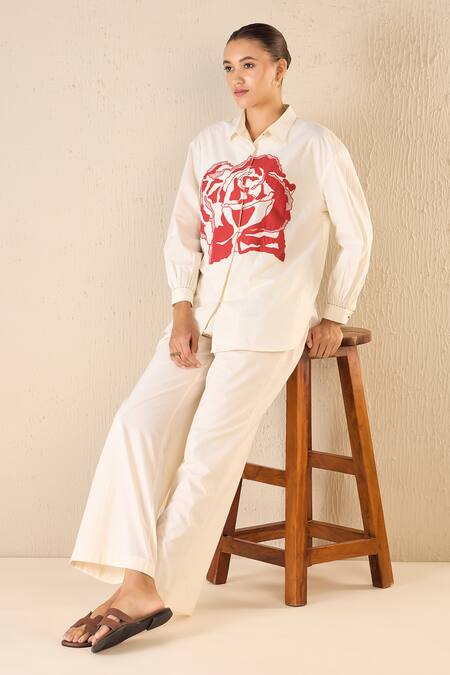 Shop Shivani Bhargava Ivory Cotton Printed Rose Collared Dream Shirt And Pant Set Shop_Shivani Bhargava_Ivory Cotton Printed Rose Collared Dream Shirt And Pant Set