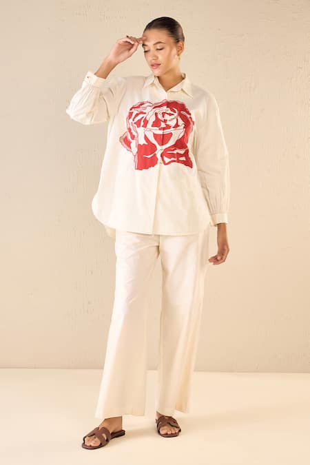 Shivani Bhargava Ivory Cotton Printed Rose Collared Dream Shirt And Pant Set 