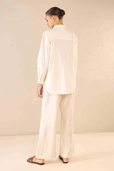 Shop Shivani Bhargava Ivory Cotton Printed Rose Collared Dream Shirt And Pant Set at Aza Fashions Shop_Shivani Bhargava_Ivory Cotton Printed Rose Collared Dream Shirt And Pant Set _at_Aza_Fashions