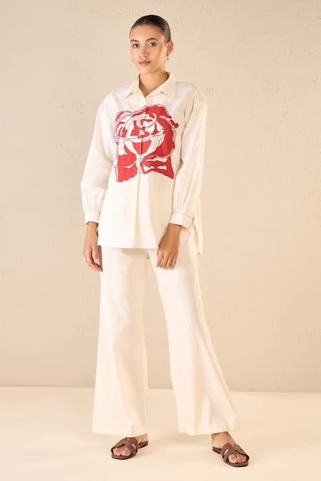 Shivani Bhargava Ivory Cotton Printed Rose Collared Dream Oversized Shirt 