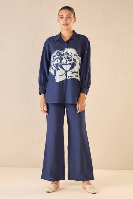 Shivani Bhargava Blue Cotton Printed Rose Collared Dream Oversized Shirt And Pant Set Online at Aza Fashions Shivani Bhargava_Blue Cotton Printed Rose Collared Dream Oversized Shirt And Pant Set _Online_at_Aza_Fashions