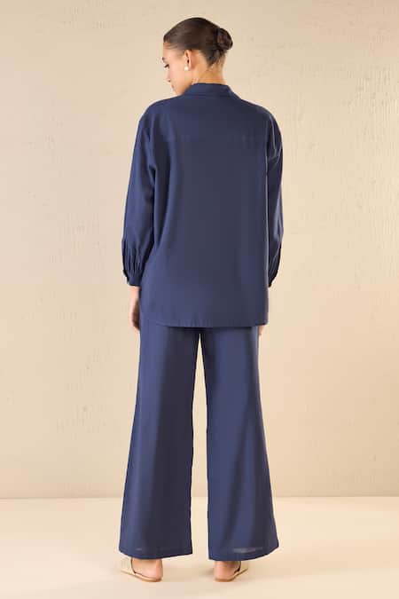 Shop Shivani Bhargava Blue Cotton Printed Rose Collared Dream Oversized Shirt And Pant Set at Aza Fashions Shop_Shivani Bhargava_Blue Cotton Printed Rose Collared Dream Oversized Shirt And Pant Set _at_Aza_Fashions