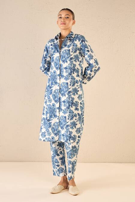 Shivani Bhargava Blue Cotton Collared Iris Blossom Print Kurta With Pant Online at Aza Fashions Shivani Bhargava_Blue Cotton Collared Iris Blossom Print Kurta With Pant _Online_at_Aza_Fashions