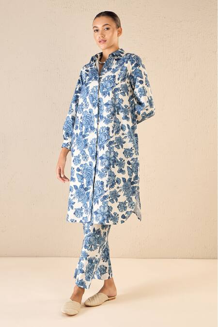 Buy Shivani Bhargava Blue Cotton Collared Iris Blossom Print Kurta With Pant Online at Aza Fashions Buy_Shivani Bhargava_Blue Cotton Collared Iris Blossom Print Kurta With Pant _Online_at_Aza_Fashions