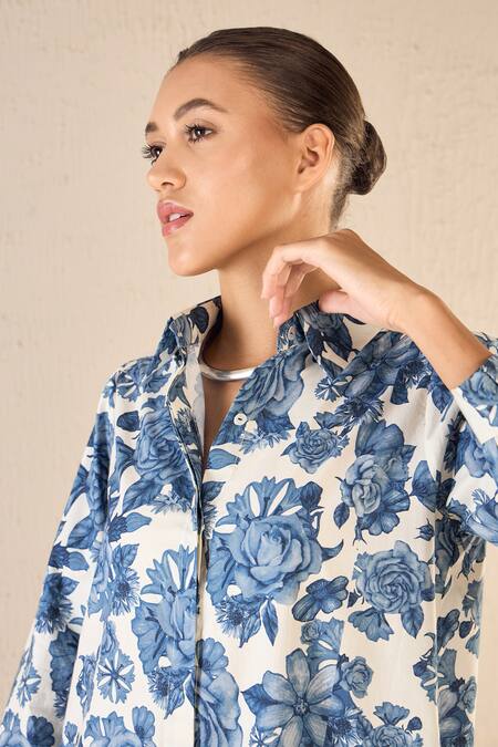 Shop Shivani Bhargava Blue Cotton Collared Iris Blossom Print Kurta With Pant Online at Aza Fashions Shop_Shivani Bhargava_Blue Cotton Collared Iris Blossom Print Kurta With Pant _Online_at_Aza_Fashions