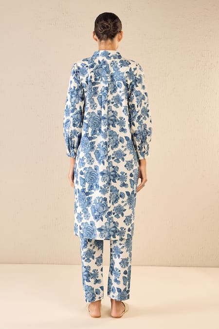 Shop Shivani Bhargava Blue Cotton Collared Iris Blossom Print Kurta With Pant at Aza Fashions Shop_Shivani Bhargava_Blue Cotton Collared Iris Blossom Print Kurta With Pant _at_Aza_Fashions