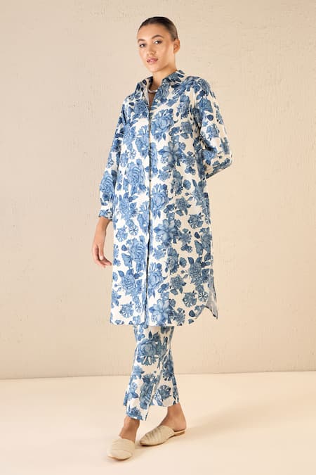 Shivani Bhargava Blue Cotton Print Iris Blossom Collar Neck Kurta 