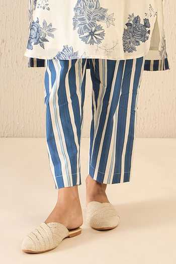 Shivani Bhargava Blue Chanderi, Cotton Embroidery V-neck Floral Fantasy Print A-line Kurta Online at Aza Fashions Shivani Bhargava_Blue Chanderi, Cotton Embroidery V-neck Floral Fantasy Print A-line Kurta _Online_at_Aza_Fashions