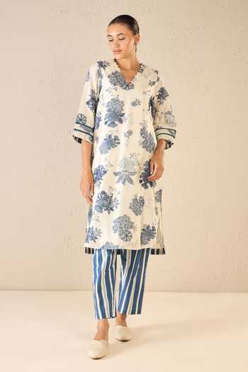 Buy Shivani Bhargava Blue Chanderi, Cotton Embroidery V-neck Floral Fantasy Print A-line Kurta Online at Aza Fashions Buy_Shivani Bhargava_Blue Chanderi, Cotton Embroidery V-neck Floral Fantasy Print A-line Kurta _Online_at_Aza_Fashions