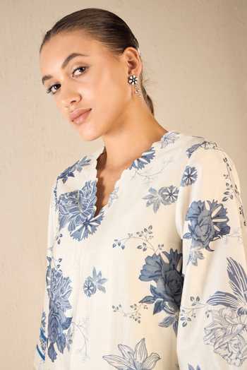 Shivani Bhargava Blue Chanderi, Cotton Embroidery V-neck Floral Fantasy Print A-line Kurta at Aza Fashions Shivani Bhargava_Blue Chanderi, Cotton Embroidery V-neck Floral Fantasy Print A-line Kurta _at_Aza_Fashions
