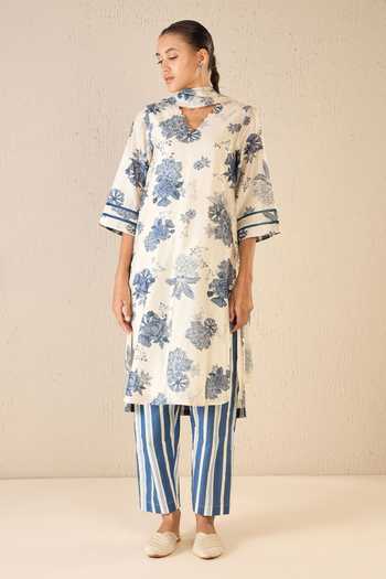 Buy Shivani Bhargava Blue Chanderi, Cotton Embroidery V-neck Floral Fantasy Print A-line Kurta Buy_Shivani Bhargava_Blue Chanderi, Cotton Embroidery V-neck Floral Fantasy Print A-line Kurta