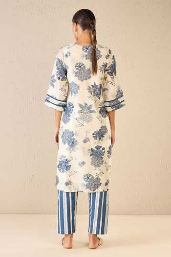 Shop Shivani Bhargava Blue Chanderi, Cotton Embroidery V-neck Floral Fantasy Print A-line Kurta at Aza Fashions Shop_Shivani Bhargava_Blue Chanderi, Cotton Embroidery V-neck Floral Fantasy Print A-line Kurta _at_Aza_Fashions