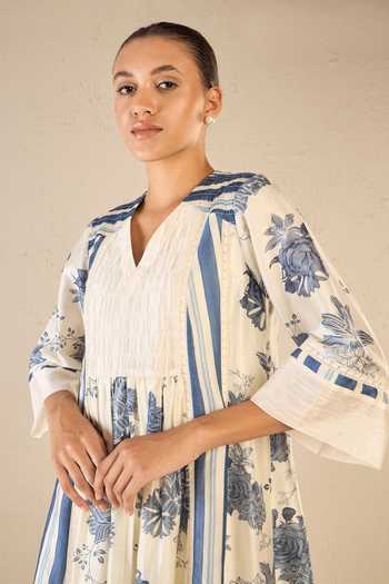 Buy_Shivani Bhargava_Blue Chanderi, Cotton Lace V-neck Floral Fantasy Print Anarkali Set _Online_at_Aza_Fashions