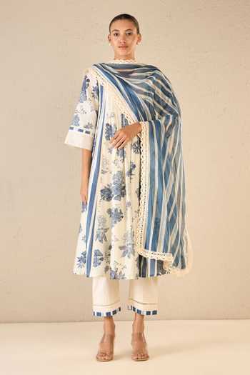 Shop_Shivani Bhargava_Blue Chanderi, Cotton Lace V-neck Floral Fantasy Print Anarkali Set _Online_at_Aza_Fashions