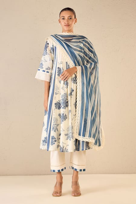 Buy_Shivani Bhargava_Blue Chanderi, Cotton V-neck Floral Fantasy Print Anarkali _Online_at_Aza_Fashions