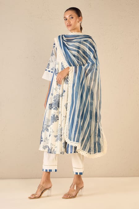 Shop_Shivani Bhargava_Blue Chanderi, Cotton V-neck Floral Fantasy Print Anarkali _Online_at_Aza_Fashions