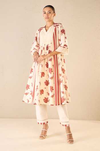Buy_Shivani Bhargava_Red Chanderi, Cotton Lace V-neck Vintage Rose Print Anarkali Set _Online_at_Aza_Fashions