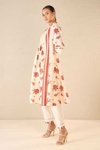 Shop_Shivani Bhargava_Red Chanderi, Cotton Lace V-neck Vintage Rose Print Anarkali Set _Online_at_Aza_Fashions