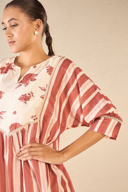 Buy_Shivani Bhargava_Red Chanderi Lining Cotton Print Vintage Rose Notched Round Striped Tunic _Online_at_Aza_Fashions