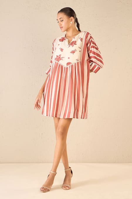 Shop_Shivani Bhargava_Red Chanderi Lining Cotton Print Vintage Rose Notched Round Striped Tunic _Online_at_Aza_Fashions