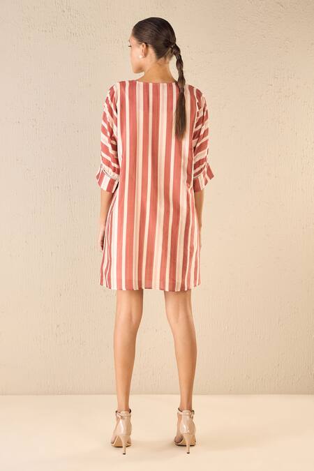 Shop_Shivani Bhargava_Red Chanderi Lining Cotton Print Vintage Rose Notched Round Striped Tunic _at_Aza_Fashions