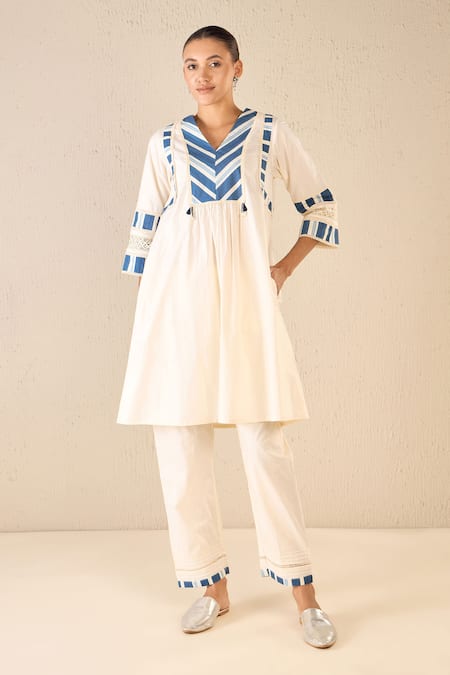 Shop_Shivani Bhargava_Blue Cotton Lace V-neck Meadow Striped Print Yoke Kurta With Pant _Online_at_Aza_Fashions